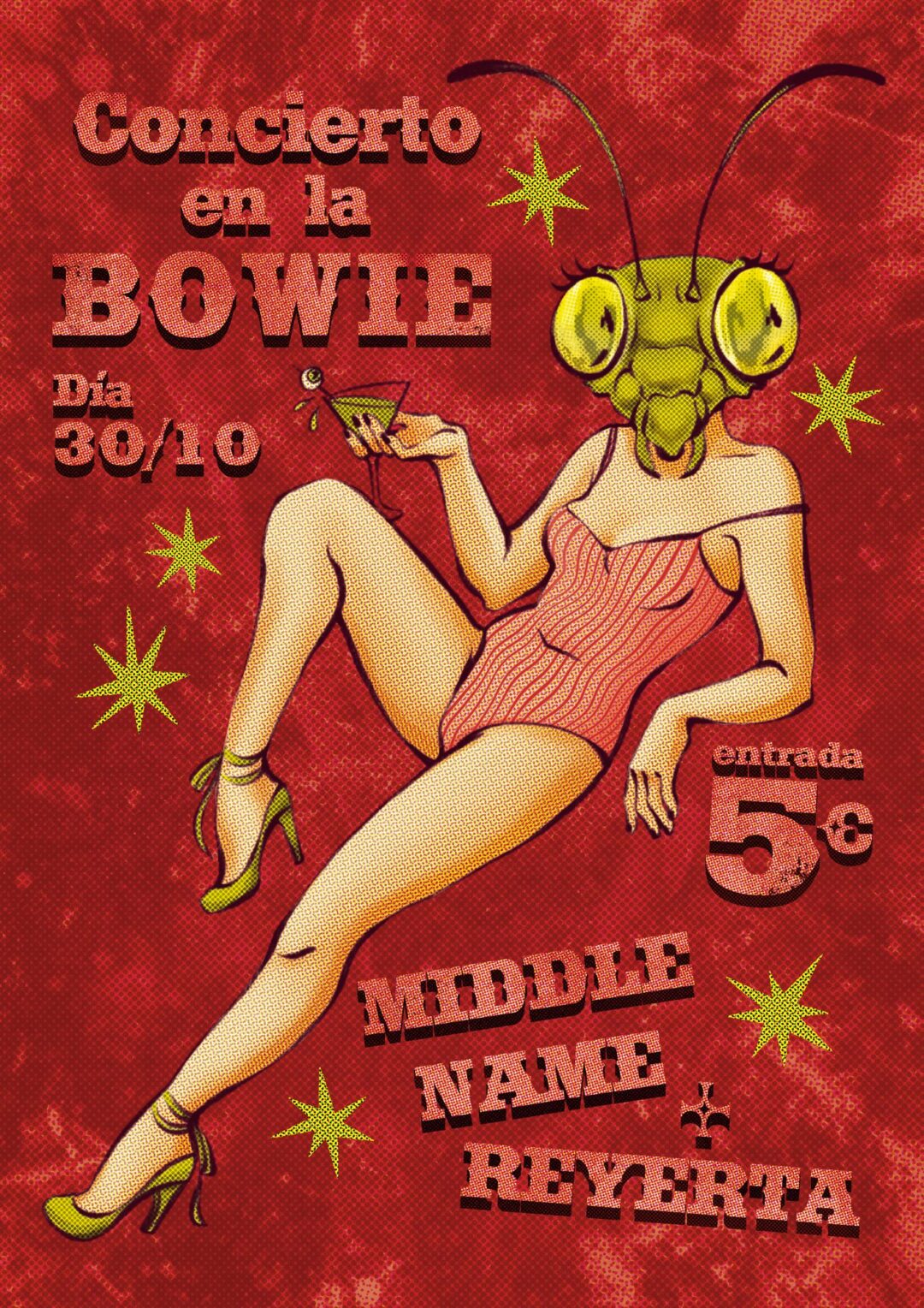 Cartel ilustrado para el concierto de Middle Name Reyerta en la Bowie, por Eva de José
