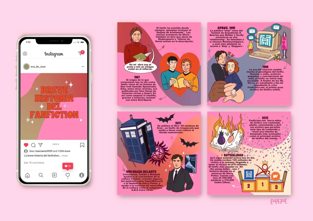 Carrusel ilustrado para Instagram sobre la historia del fanfiction, por Eva de José