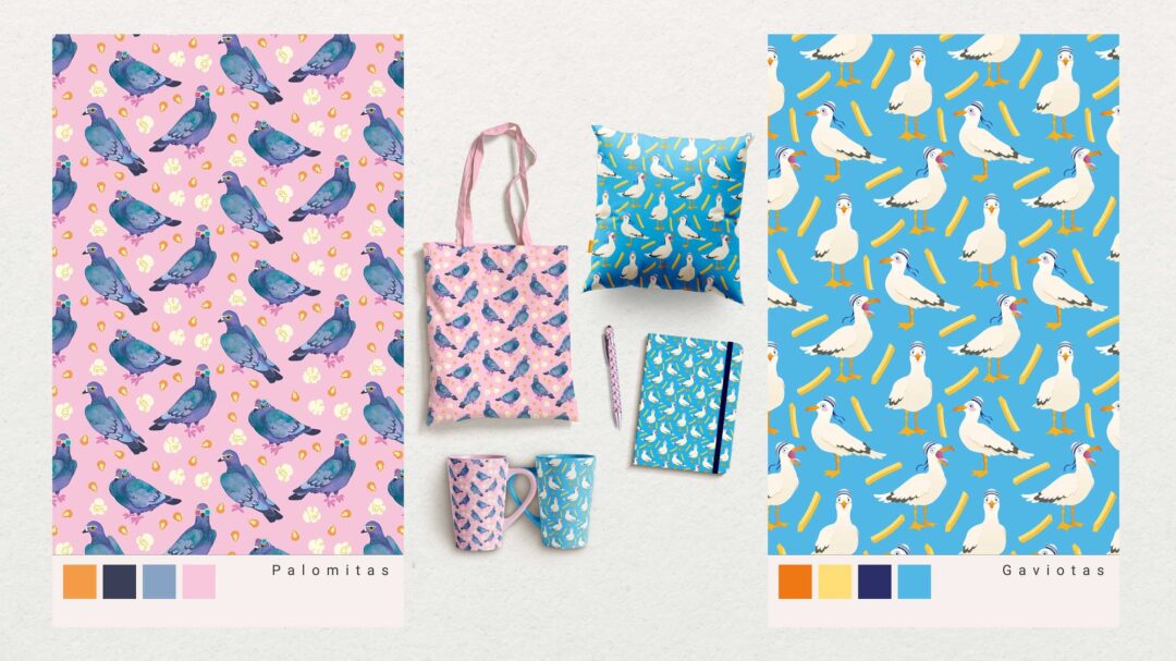 Diseño de patrones de palomas y gaviotas aplicados a productos, por Eva de José